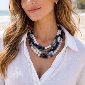 Blue Multi-Color Three-Strand Beaded Necklace – Elegant & Bold